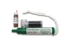 Penthrox training kit contents showing green Penthrox inhaler activated carbon AC chamber empty training bottle and lanyard