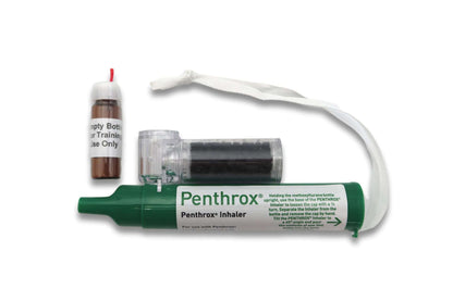 Penthrox training kit contents showing green Penthrox inhaler activated carbon AC chamber empty training bottle and lanyard