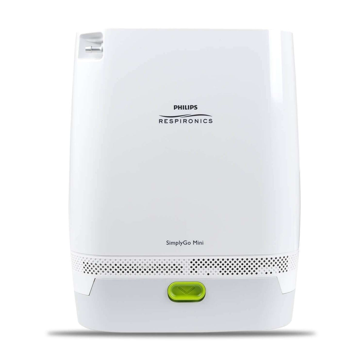 Philips Respironics SimplyGo Mini portable oxygen concentrator, front view, with the extended battery fitted