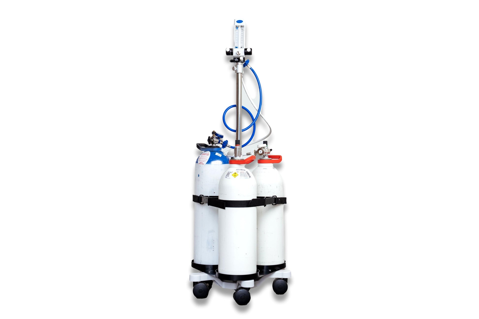 Porter MXR portable sedation system complete setup showing MXR 3000 flowmeter on pole tri-cylinder trolley with three D-size gas cylinders and MediReg regulators
