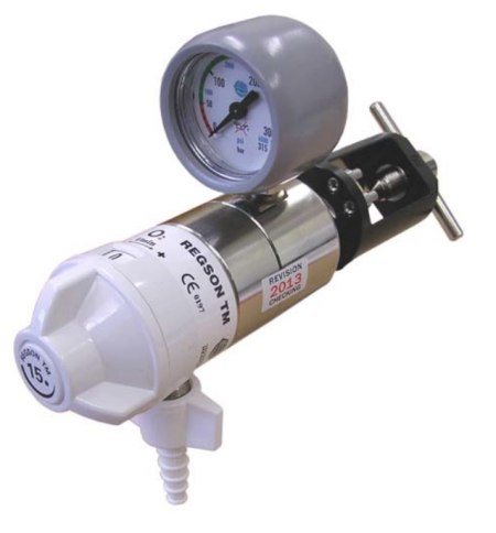 Regson paediatric neonatal medical oxygen regulator flowmeter 0 to 5 LPM with kPa pressure gauge pin indexed yoke and barbed outlet