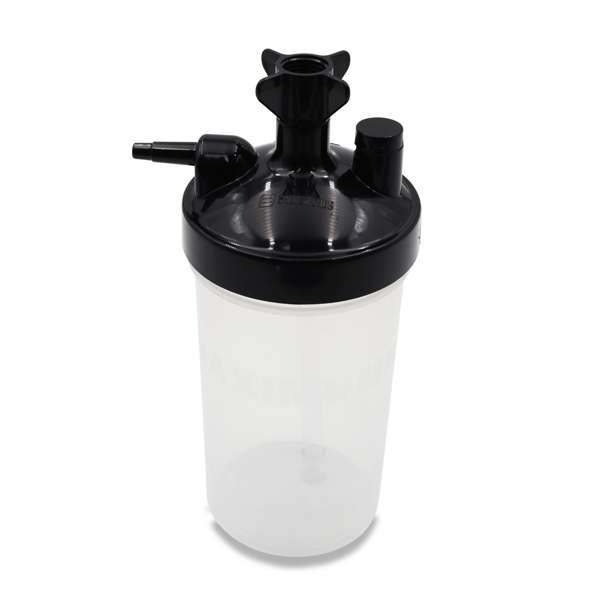Salter Labs BOS7600 disposable oxygen humidifier bottle fully assembled showing black lid clear 350ml jar outlet nipple and inlet fitting