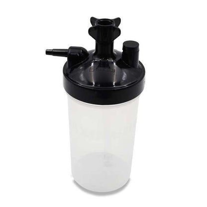 Salter Labs BOS7600 disposable oxygen humidifier bottle fully assembled showing black lid clear 350ml jar outlet nipple and inlet fitting