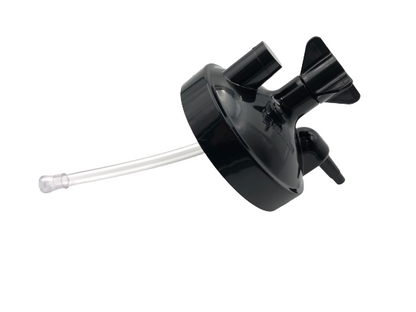 Salter Labs BOS7600 oxygen humidifier bottle black lid assembly showing butterfly inlet fitting outlet nipple and internal diffuser tube