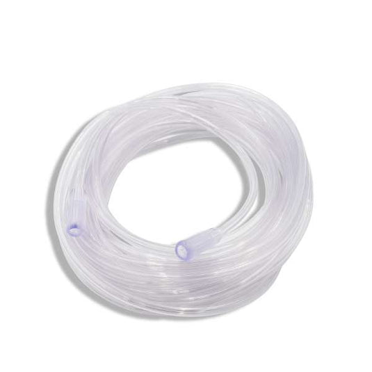 Salter Labs medical grade oxygen tubing 10m coiled clear PVC showing open barbed connector ends and 6mm internal diameter