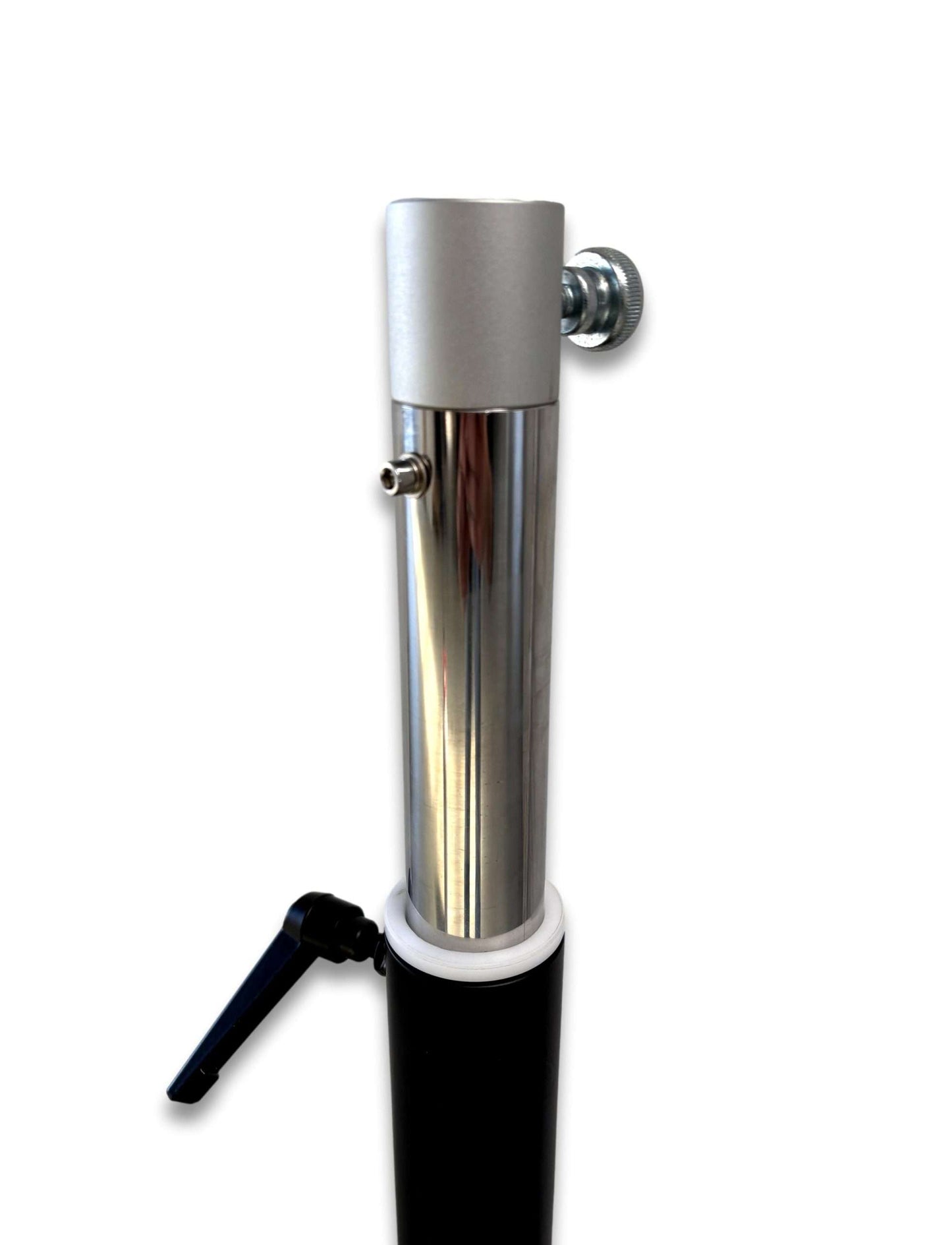 Close-up of tri cylinder trolley adjustable chrome telescoping post showing height lock lever and gas connection port