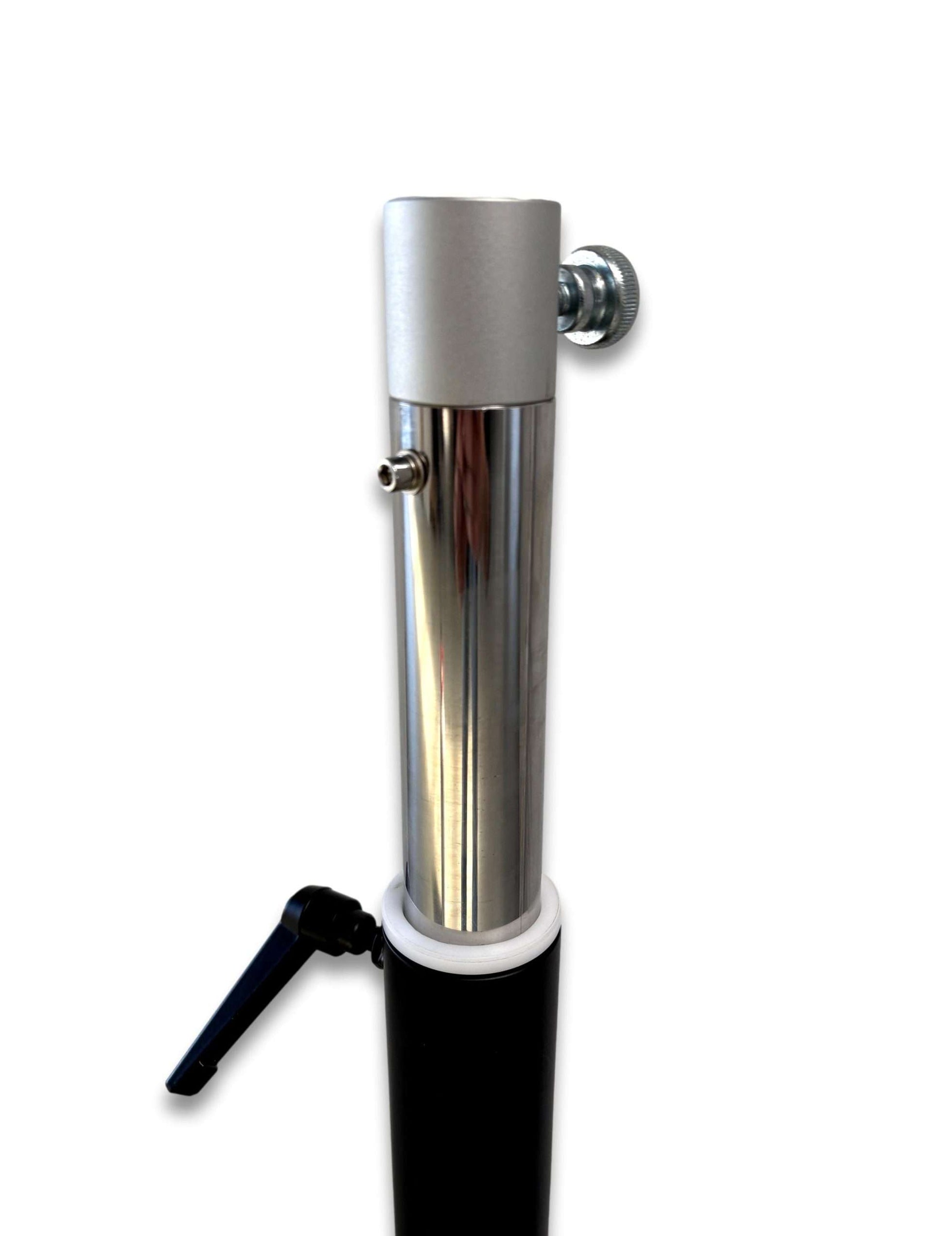 Close-up of tri cylinder trolley adjustable chrome telescoping post showing height lock lever and gas connection port