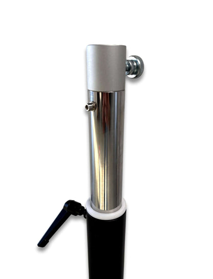 Close-up of tri cylinder trolley adjustable chrome telescoping post showing height lock lever and gas connection port