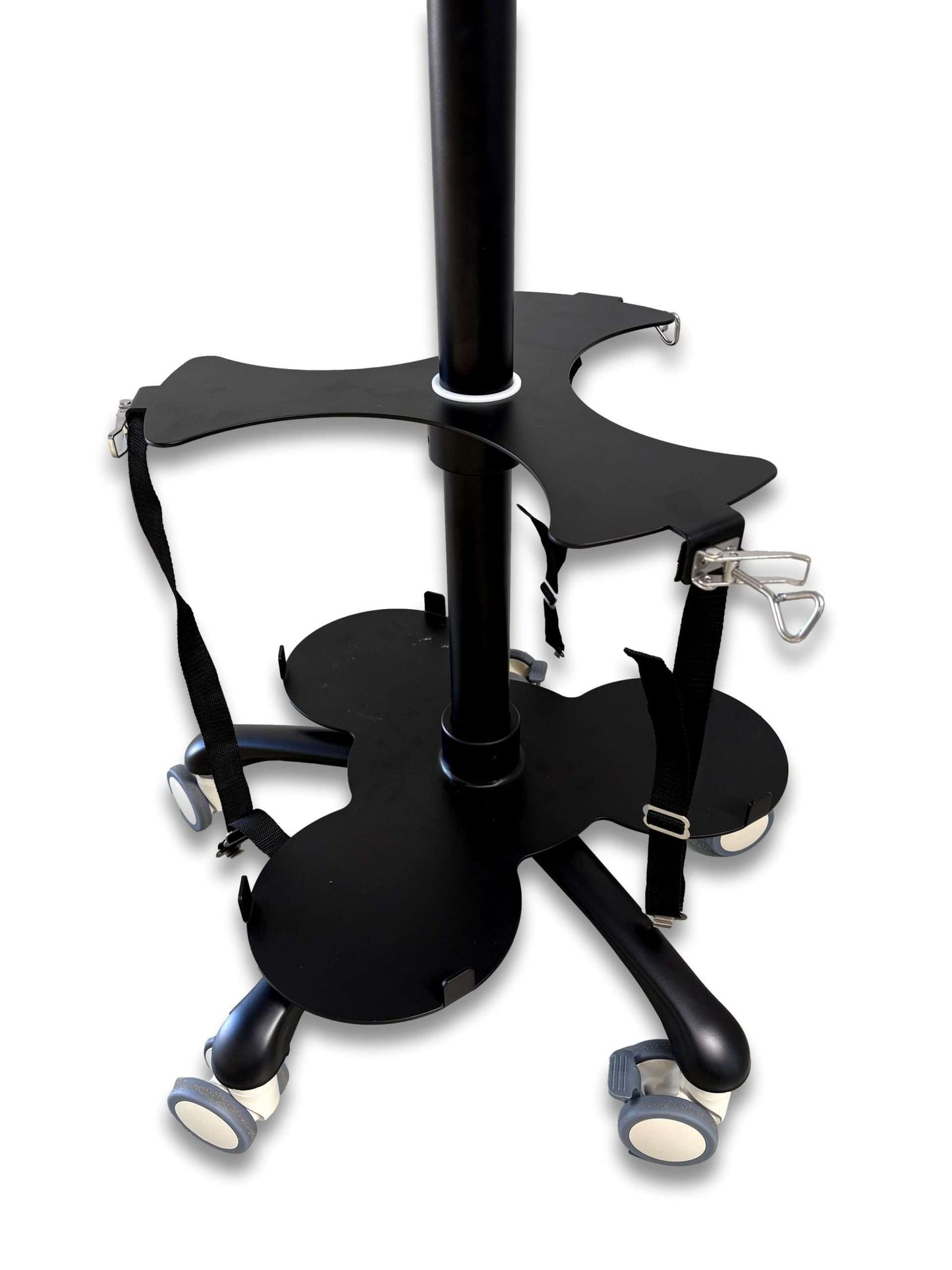 Tri cylinder trolley angled view of base showing three D-size cylinder cradles, cross-shaped bracket with webbing straps and five dual-wheel castors