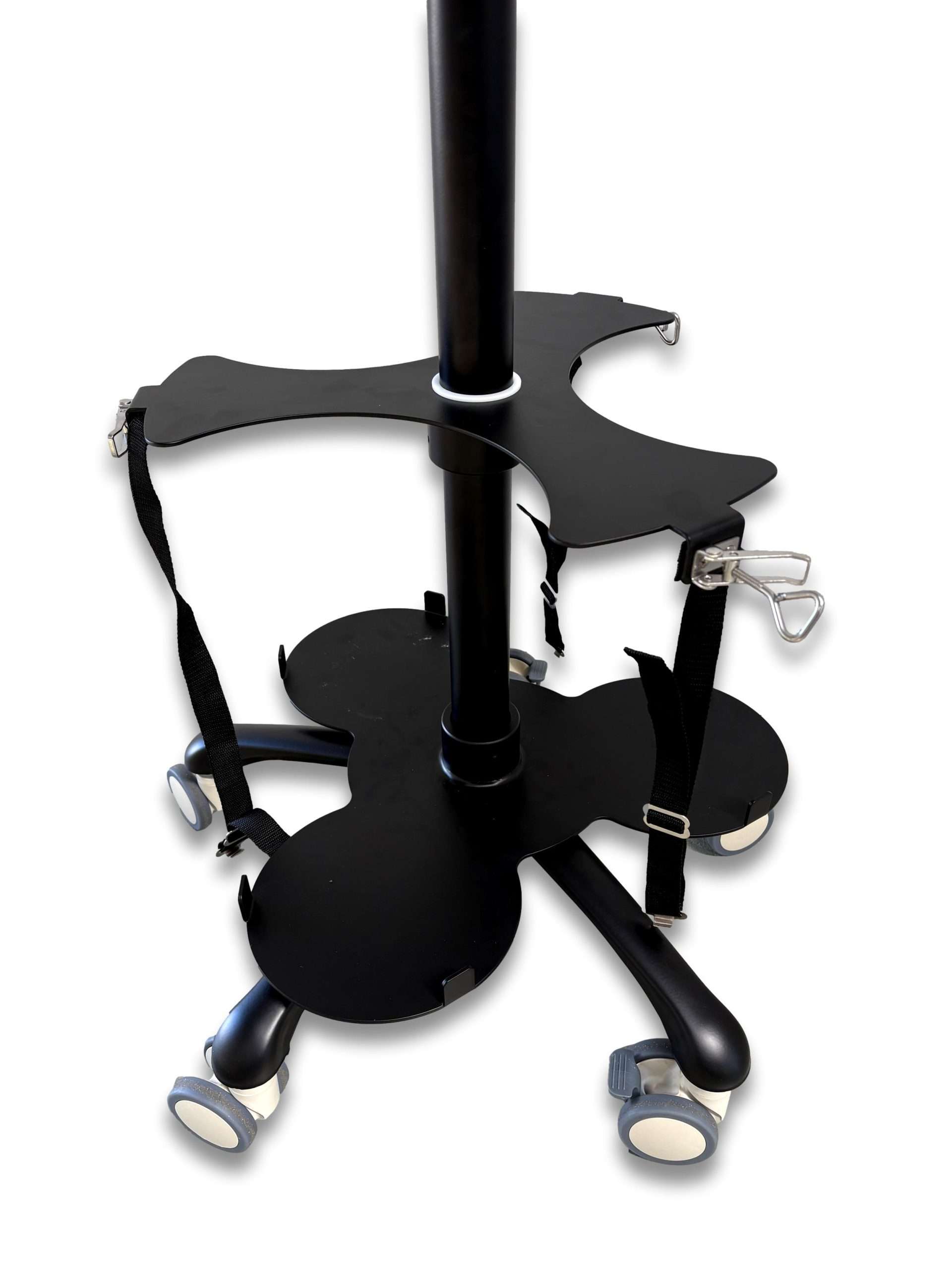 Tri cylinder trolley angled view of base showing three D-size cylinder cradles, cross-shaped bracket with webbing straps and five dual-wheel castors