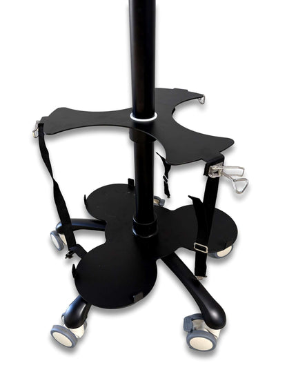 Tri cylinder trolley angled view of base showing three D-size cylinder cradles, cross-shaped bracket with webbing straps and five dual-wheel castors