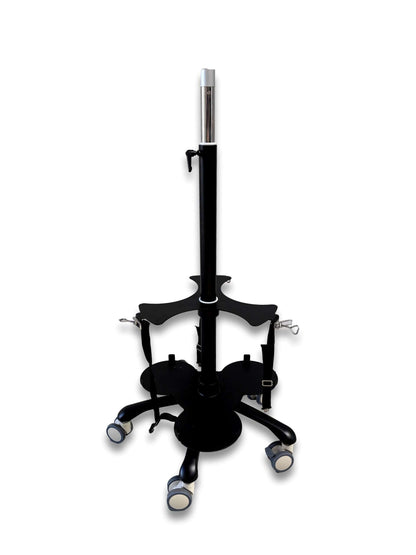Tri cylinder trolley empty front view showing black powder-coated frame, cross-shaped upper bracket, three D-size cylinder base cradles and five dual-wheel castors