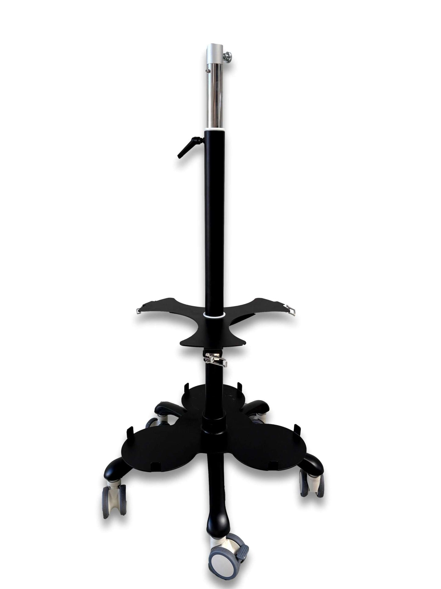 Tri cylinder trolley front view showing black powder-coated steel frame, adjustable chrome post, three-position D-size cylinder cradles and five dual-wheel castors