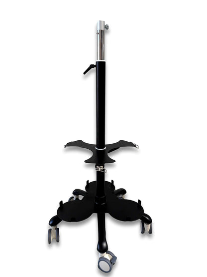 Tri cylinder trolley front view showing black powder-coated steel frame, adjustable chrome post, three-position D-size cylinder cradles and five dual-wheel castors