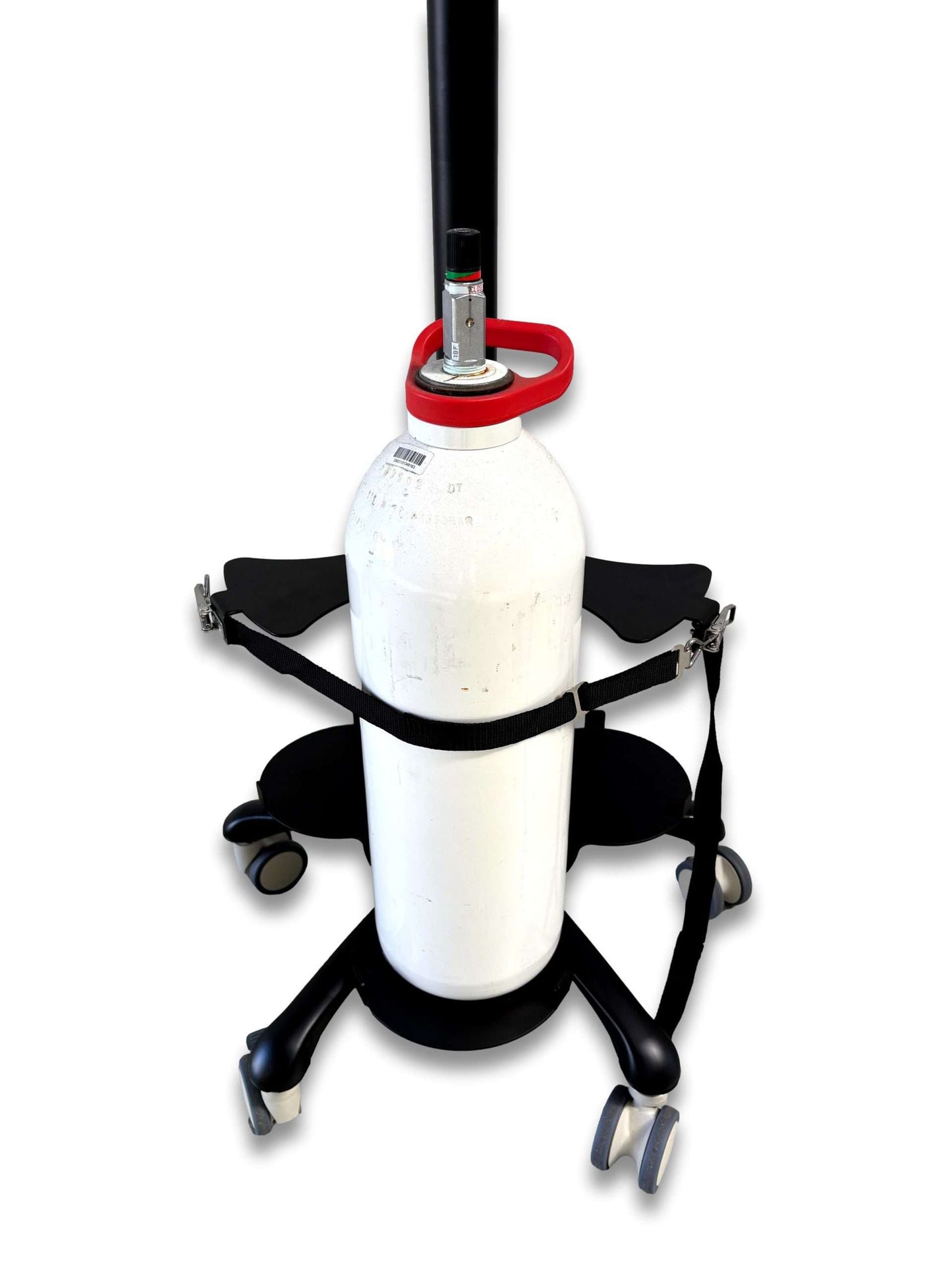 Tri cylinder trolley overhead view with one D-size cylinder loaded showing three-position base cradles, cross-shaped upper bracket and five castor wheels