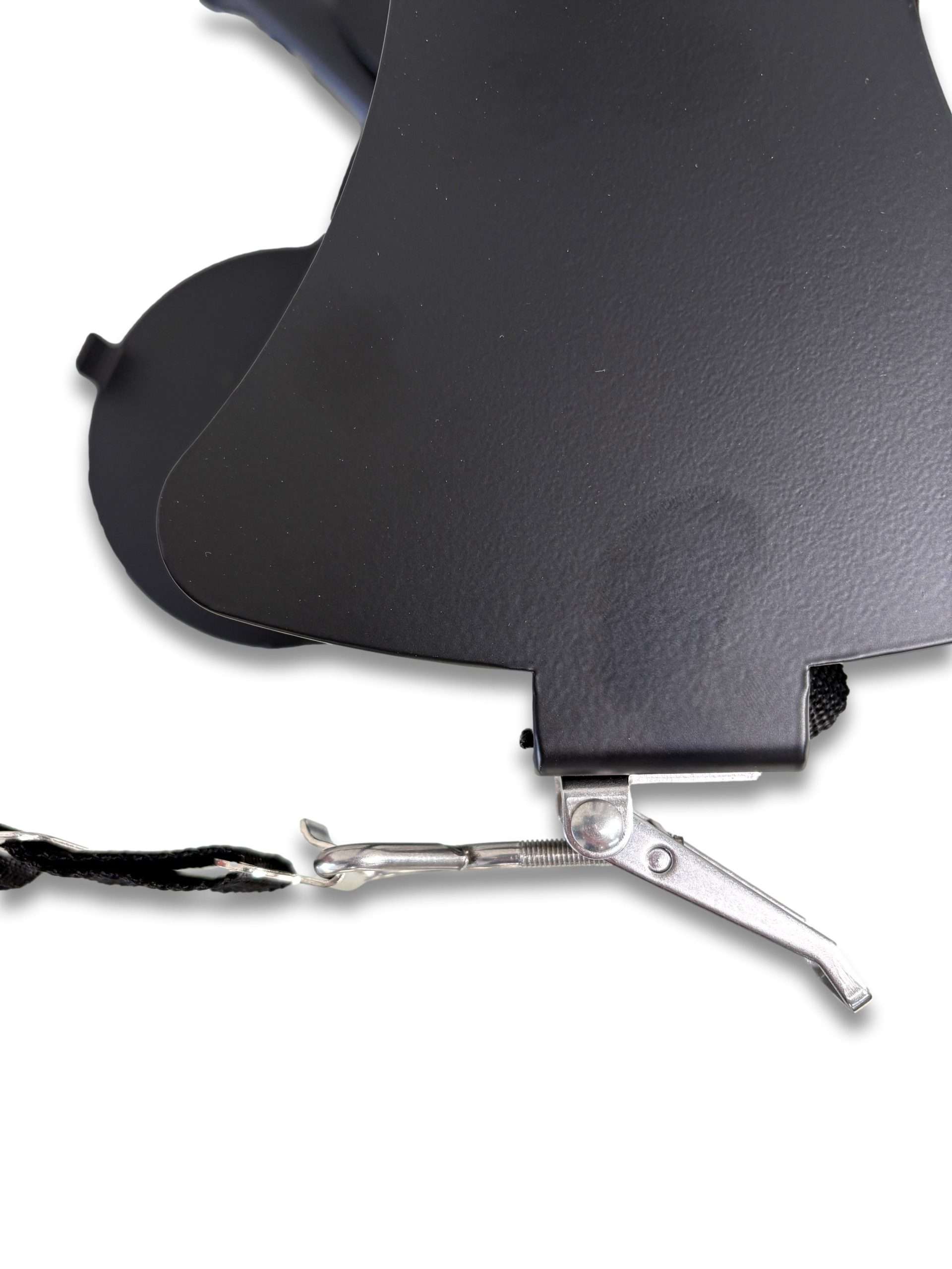 Close-up of tri cylinder trolley black bracket showing stainless steel spring-loaded buckle clip and webbing strap securing mechanism