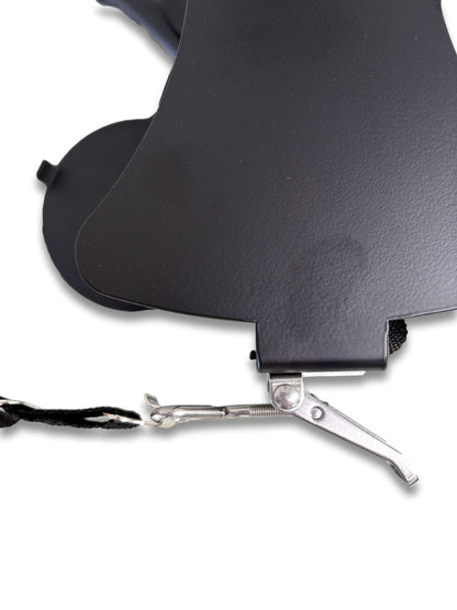 Close-up of tri cylinder trolley black bracket showing stainless steel spring-loaded buckle clip and webbing strap securing mechanism