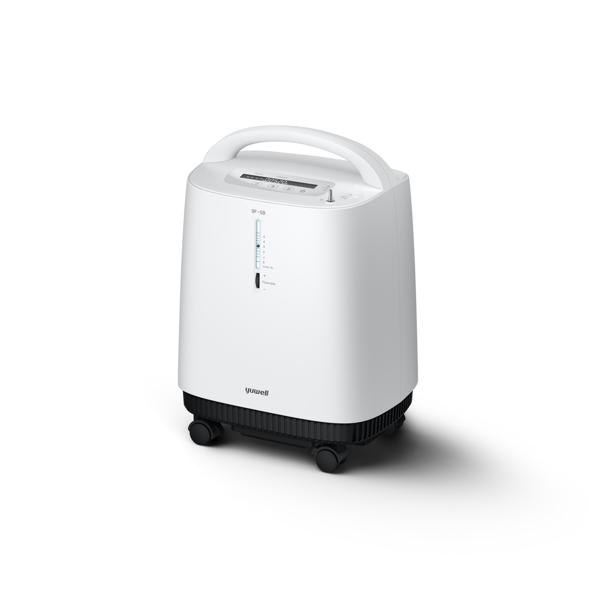 Yuwell 9F-5B Ultra Silence stationary oxygen concentrator, front three quarter view, with carry handle and castor wheels